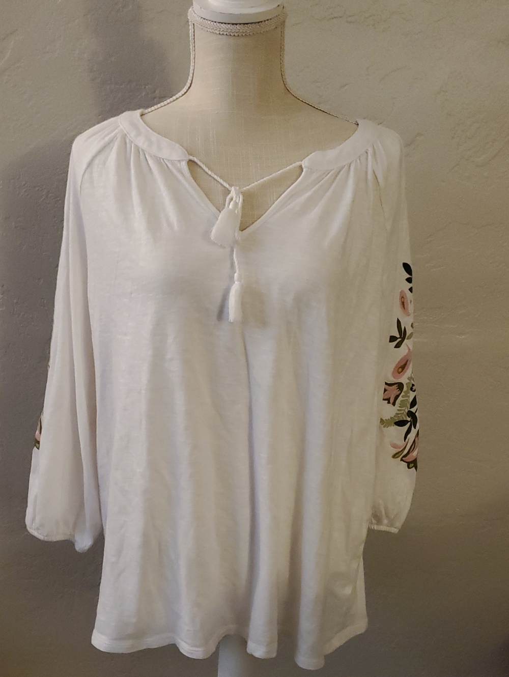 CROFT BARROW White Embroidered Tie-Neck Peasant Top XXL 100% COTTON